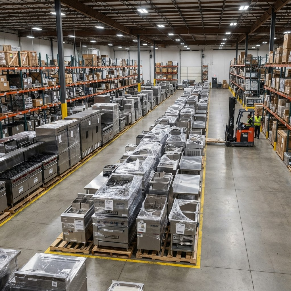 Commercial kitchen equipment logistics — restaurant equipment shrink-wrapped on pallets inside a warehouse before shipping