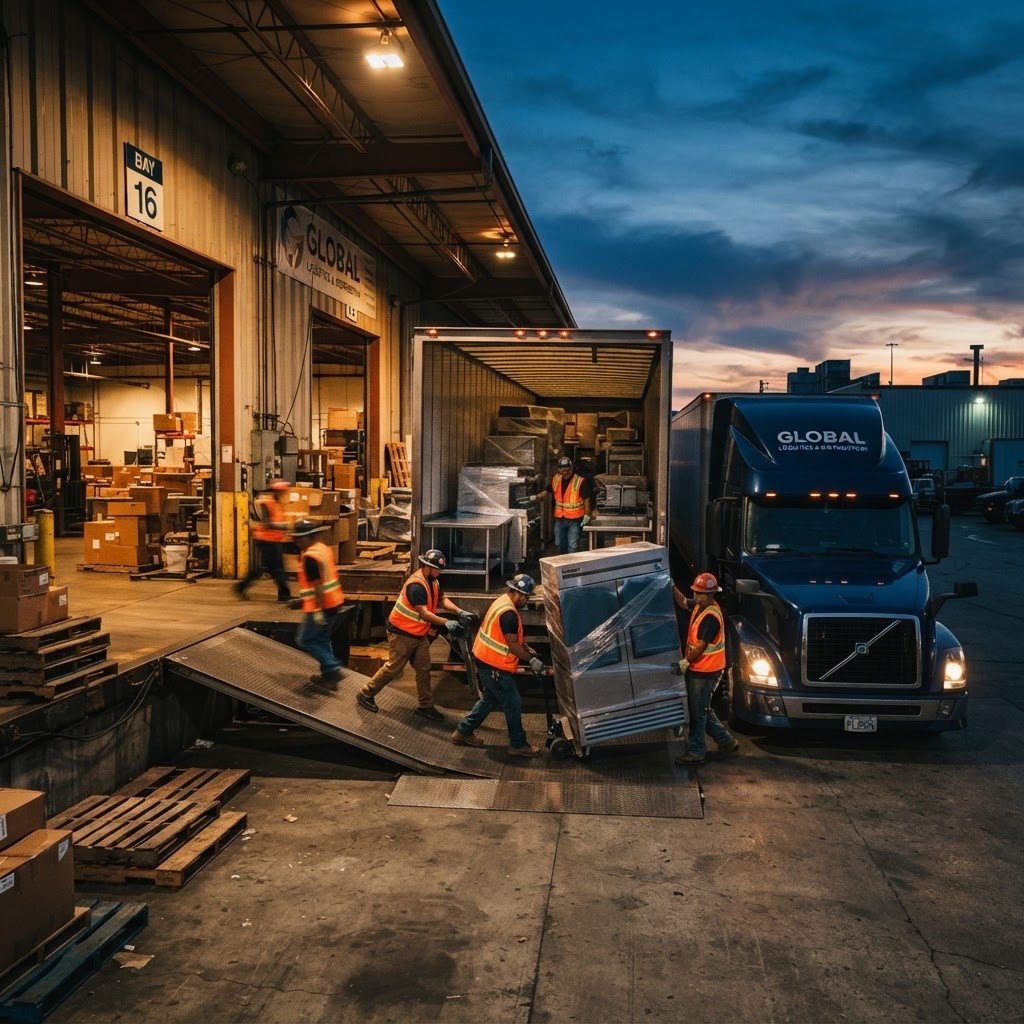 Restaurant equipment movers loading stainless steel commercial kitchen equipment onto a freight truck for nationwide restaurant equipment shipping