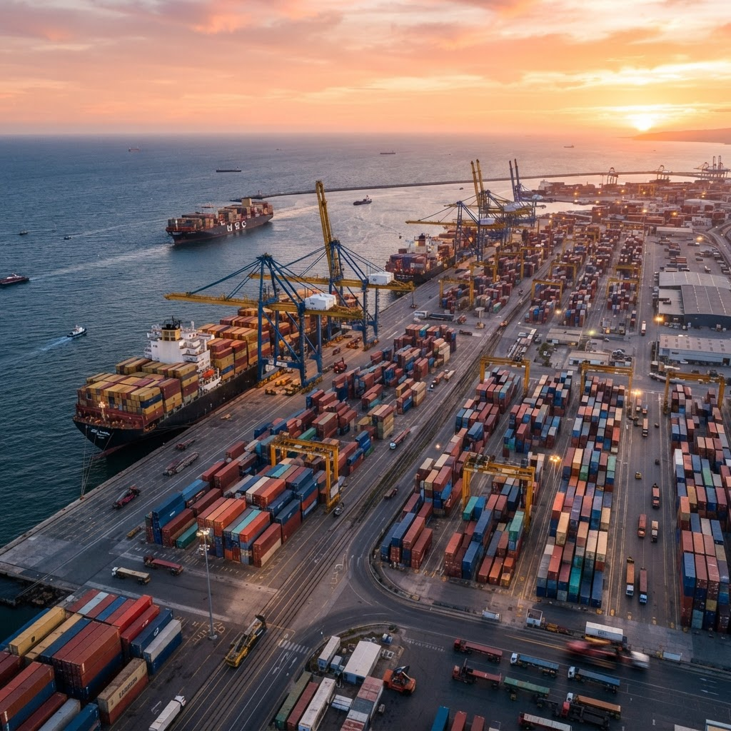 International restaurant equipment shipping — a container ship being loaded with commercial kitchen equipment at port
